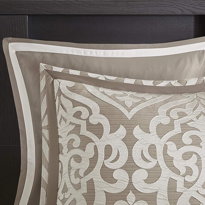 Madison Park Odette Cozy Comforter Set Jacquard Damask Medallion Design - Modern All Season, Down Alternative Bedding, Shams, Decorative Pillow, King(104 in x 92 in), Tan 8 Piece - LeafyLoom