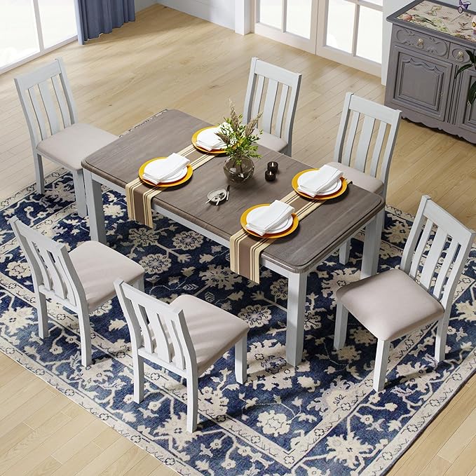 Retro Style 7-Piece Dining Set with Solid Wood Extendable Table and 6 Upholstered Chairs, for Kitchen, Living Room, Home Bar, Easy to Assemble, Brown+White - LeafyLoom