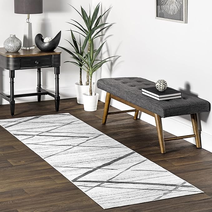 nuLOOM Trellis Stripes Machine Washable Ultra Thin Runner Rug, 2' 6" x 8', Light Grey - LeafyLoom