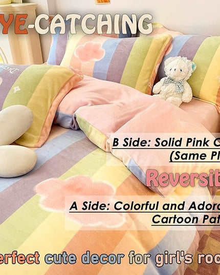 MorroMorn Twin Bedding Sets, Pink Rainbow Stripe Duvet Cover Set, Fluffy Comforter Covers Plush Blanket Ultra Soft Kawaii Cute for Girls Kids Toddler Teen Women Twin/Twin XL Size - LeafyLoom