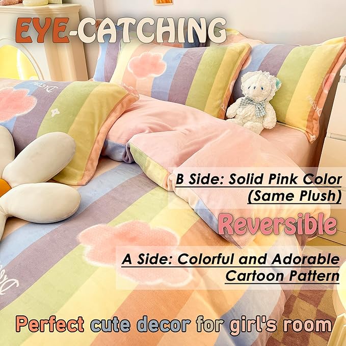 MorroMorn Twin Bedding Sets, Pink Rainbow Stripe Duvet Cover Set, Fluffy Comforter Covers Plush Blanket Ultra Soft Kawaii Cute for Girls Kids Toddler Teen Women Twin/Twin XL Size - LeafyLoom