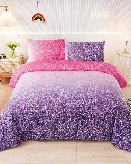 Holawakaka Kids Space Star Glitter Comforter Set Ombre Red & Purple Print Gradient Bedding Set Full Size (Red purple, Full) - LeafyLoom