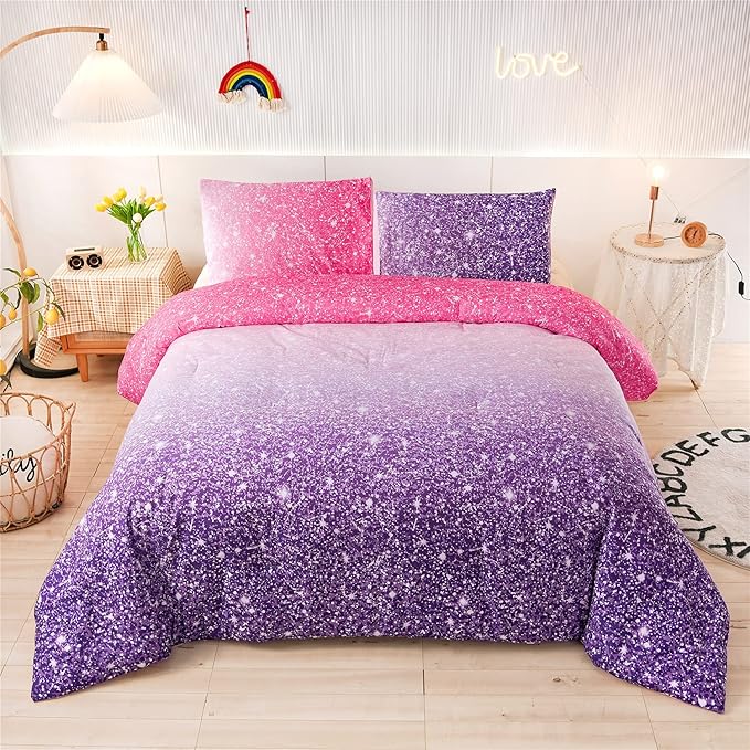 Holawakaka Kids Space Star Glitter Comforter Set Ombre Red & Purple Print Gradient Bedding Set Full Size (Red purple, Full) - LeafyLoom
