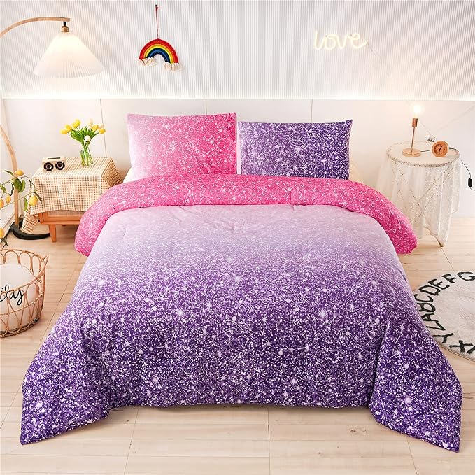 Holawakaka Kids Space Star Glitter Comforter Set Ombre Pink Purple Print Gradient Bedding Set Queen Size (Pink Purple, Queen)…… - LeafyLoom