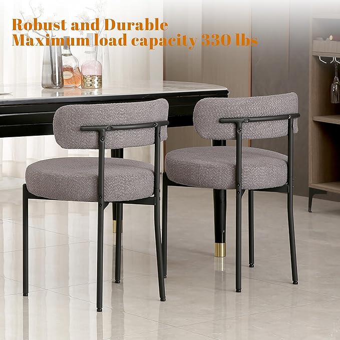 DYHOME Dark Grey Dining Chairs Set of 2, Mid-Century Modern Dining Chairs, Kitchen Dining Room Chairs, Curved Backrest Round Upholstered Boucle Sherpa Dining Chair with Black Metal Legs - LeafyLoom
