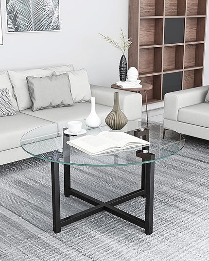 NicBex Coffee Table Modern Tempered Glass Coffee Table with Storage Round Center Tables with Metal Legs Dining Table for Living Room, Dining Room, Office, and Bedroom,35.44" W, Transparent+Gray - LeafyLoom