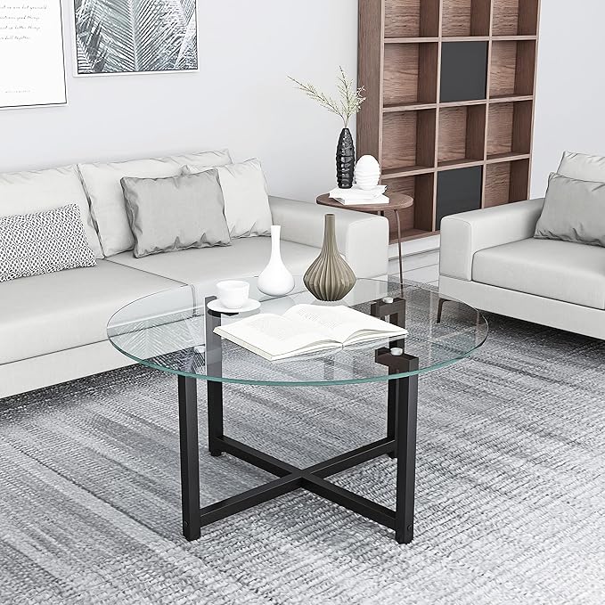 NicBex Coffee Table Modern Tempered Glass Coffee Table with Storage Round Center Tables with Metal Legs Dining Table for Living Room, Dining Room, Office, and Bedroom,35.44" W, Transparent+Gray - LeafyLoom
