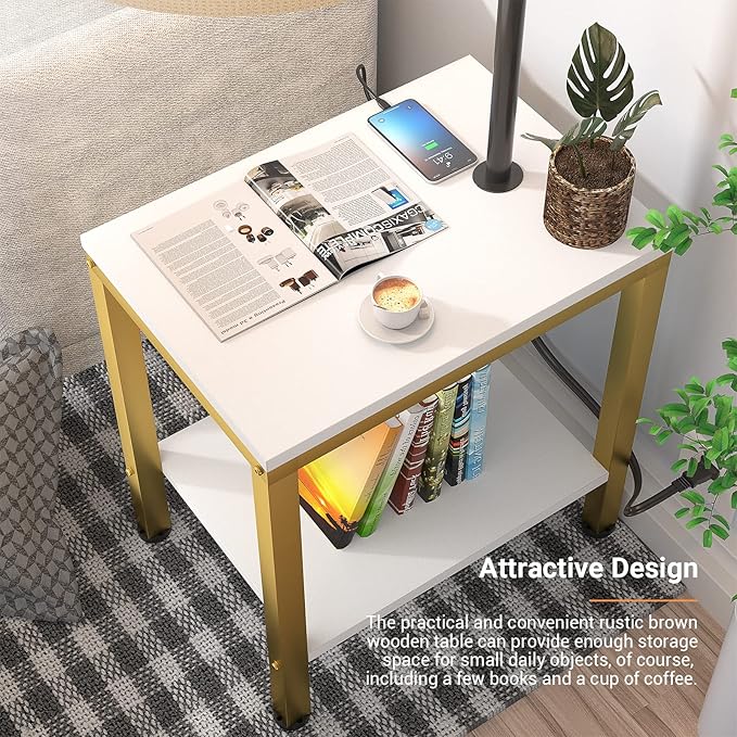 LED Floor Lamp with Table - End Table with Power Outlet and USB Charging Port, Bedside Nightstand Shelves, Side Table with Reading Standing Light for Living Room, Bedroom, Bulb Included, White - LeafyLoom