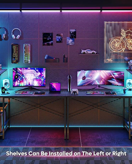 Bestier Gaming Desk with LED Lights, Computer Desk with 4 Tiers Reversible Shelves, 51.3 Inch Gamer Desk with Side Storage Bag, Hooks and Height Adjustable Shelf (Black Marble) - LeafyLoom
