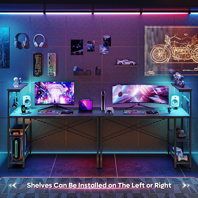 Bestier Gaming Desk with LED Lights, Computer Desk with 4 Tiers Reversible Shelves, 51.3 Inch Gamer Desk with Side Storage Bag, Hooks and Height Adjustable Shelf (Black Marble) - LeafyLoom