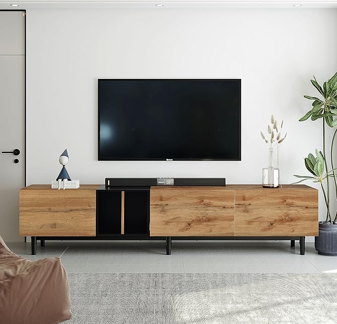 80" Modern Long TV Stand with 3 Doors and Storage Cabinets for Televisions up to 80 Inch, Entertainment Center Console Table, Media Furniture for Living Room, Office, Natural Wood - LeafyLoom