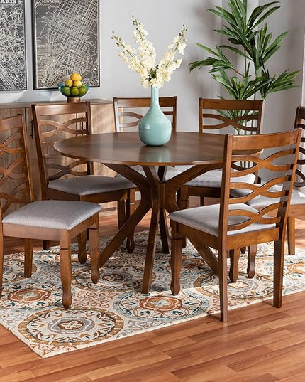 Baxton Studio Mila Modern and Contemporary Grey Fabric Upholstered and Walnut Brown Finished Wood 7-Piece Dining Set - LeafyLoom