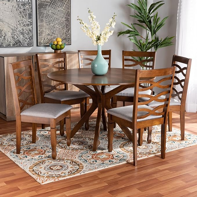 Baxton Studio Mila Modern and Contemporary Grey Fabric Upholstered and Walnut Brown Finished Wood 7-Piece Dining Set - LeafyLoom