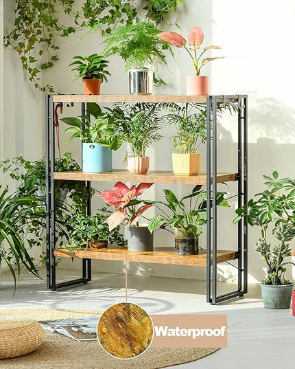 HCHQHS Bookshelf, 3-Tier Industrial Bookcase, Rustic Open Book Shelf, Freestanding Horizontal Bookshelves with Metal Frame - LeafyLoom