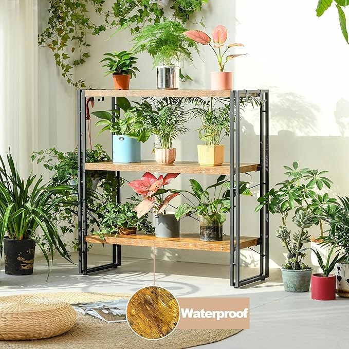 HCHQHS Bookshelf, 3-Tier Industrial Bookcase, Rustic Open Book Shelf, Freestanding Horizontal Bookshelves with Metal Frame - LeafyLoom