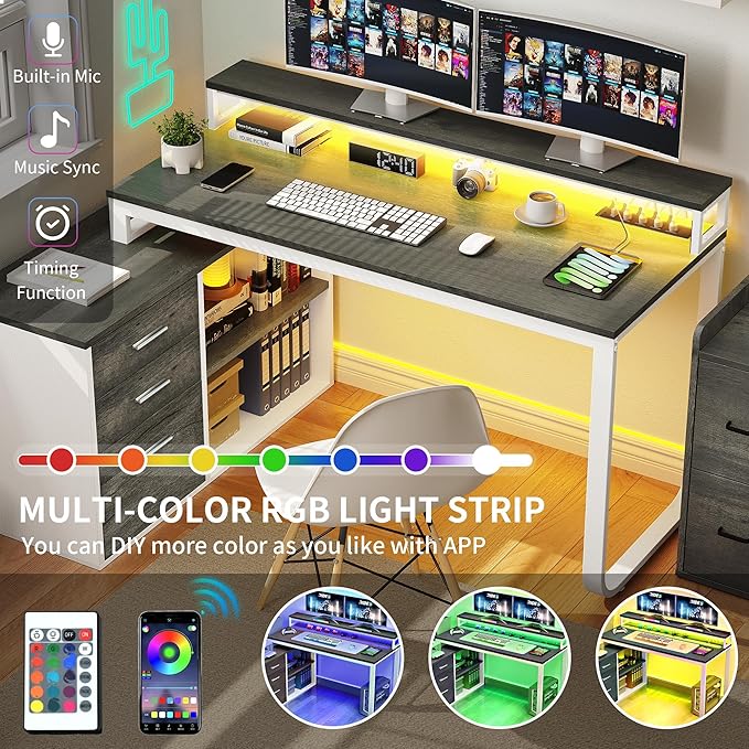 YITAHOME L Shaped Desk with 3 Drawers, 55" Corner Computer Desk with Power Outlets & LED Lights, L-Shaped Desk with File Cabinet for Home Office, White & Grey - LeafyLoom