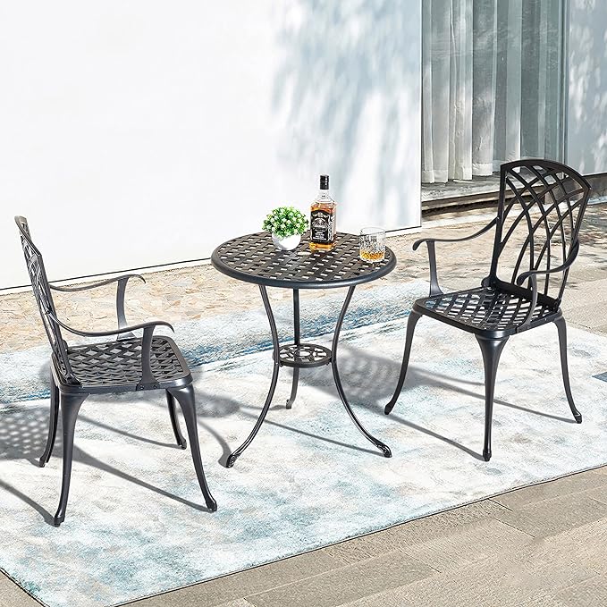 NUU GARDEN Bistro Set 3 Piece Outdoor All Weather Cast Aluminum Patio Bistro Set Patio Table and Chairs Set of 2 with Umbrella Hole for Backyard, Balcony, Front Porch, Lawn, Black - LeafyLoom
