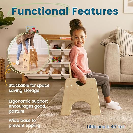 ECR4Kids Stackable Wooden Toddler Chair, 10in, Kids Furniture, Natural, 2-Pack - LeafyLoom