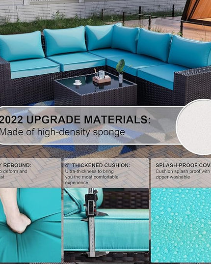 Kullavik 6PCS Outdoor Patio Furniture Set PE Wicker Rattan Sectional Sofa Patio Conversation Sets,Blue - LeafyLoom