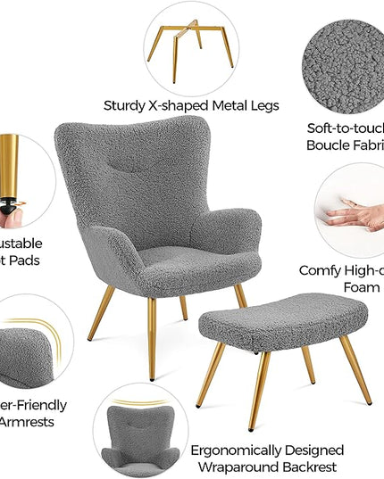 Yaheetech Accent Chair and Ottoman Set, Sherpa Armchair with Golden Metal Legs and High Back, Footstool for Living Room, Lounge, Gray - LeafyLoom