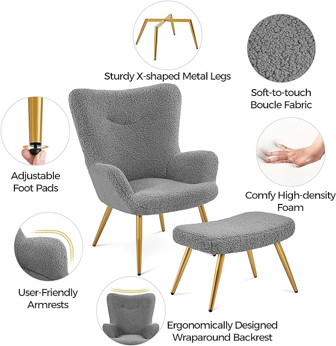Yaheetech Accent Chair and Ottoman Set, Sherpa Armchair with Golden Metal Legs and High Back, Footstool for Living Room, Lounge, Gray - LeafyLoom