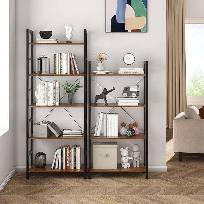 VERMESS 4-Tier Bookshelf, 24 inch Wood Bookcase with Open Shelves, Rustic Brown Book Shelf Storage Shelving Unit, Industrial Standing Bookshelves Metal Frame Display Rack for Living Room, Bedroom - LeafyLoom