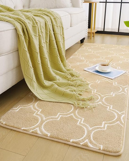 Chicrug Shag Geometric 2x6 Runner Rug for Bedroom, Modern Memory Foam Indoor Hallway Runner Carpet, Fluffy Rug for Living Room Bedside Room Decor for Family, Beige/White - LeafyLoom