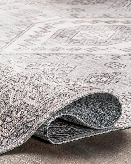 nuLOOM 8x10 Machine Washable Rain Haven Vintage Medallion Area Rug, Grey, Traditional Faded Design, Non-Slip Backing, Stain Resistant, For Bedroom, Dining Room, Living Room, Kitchen - LeafyLoom