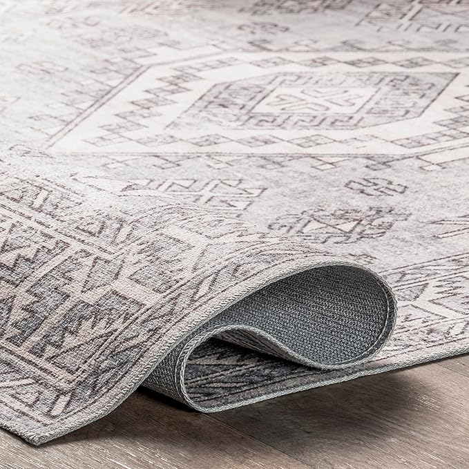 nuLOOM 8x10 Machine Washable Rain Haven Vintage Medallion Area Rug, Grey, Traditional Faded Design, Non-Slip Backing, Stain Resistant, For Bedroom, Dining Room, Living Room, Kitchen - LeafyLoom