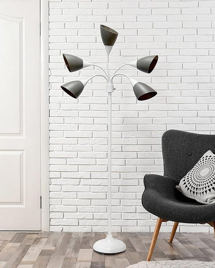 Simple Designs LF2006-GOW 67" Contemporary Multi Head Medusa 5 Light Adjustable Gooseneck White Floor Lamp with Gray Shades for Kids Bedroom Playroom Living Room Office - LeafyLoom