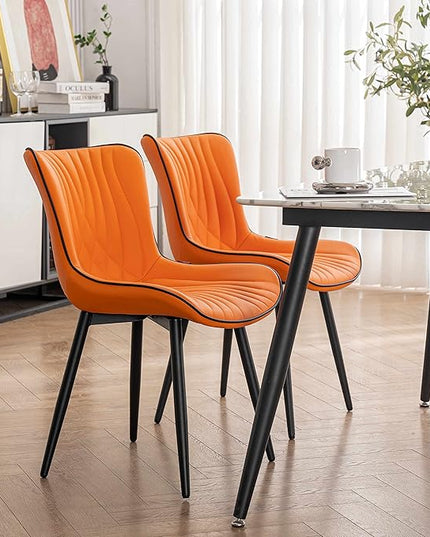 YOUTASTE Dining Chairs Set of 2 Upholstered Mid Century Modern Kitchen Dining Room Chairs Armless Faux Leather Accent Chairs Metal Vanity Lounge Chair with Back for Living Room Bedrooms,Orange - LeafyLoom