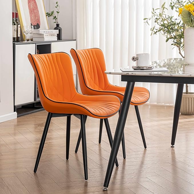 YOUTASTE Dining Chairs Set of 2 Upholstered Mid Century Modern Kitchen Dining Room Chairs Armless Faux Leather Accent Chairs Metal Vanity Lounge Chair with Back for Living Room Bedrooms,Orange - LeafyLoom