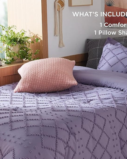 Bedsure Twin/Twin XL Comforter Set - Grayish Purple Boho Twin Extra Long Comforter Set for College, Shabby Chic Dorm Bedding Set, 2 Pieces Modern Farmhouse Bed Set, includes 1 Pillow Sham - LeafyLoom