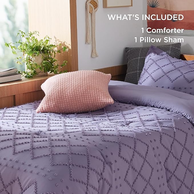 Bedsure Twin/Twin XL Comforter Set - Grayish Purple Boho Twin Extra Long Comforter Set for College, Shabby Chic Dorm Bedding Set, 2 Pieces Modern Farmhouse Bed Set, includes 1 Pillow Sham - LeafyLoom