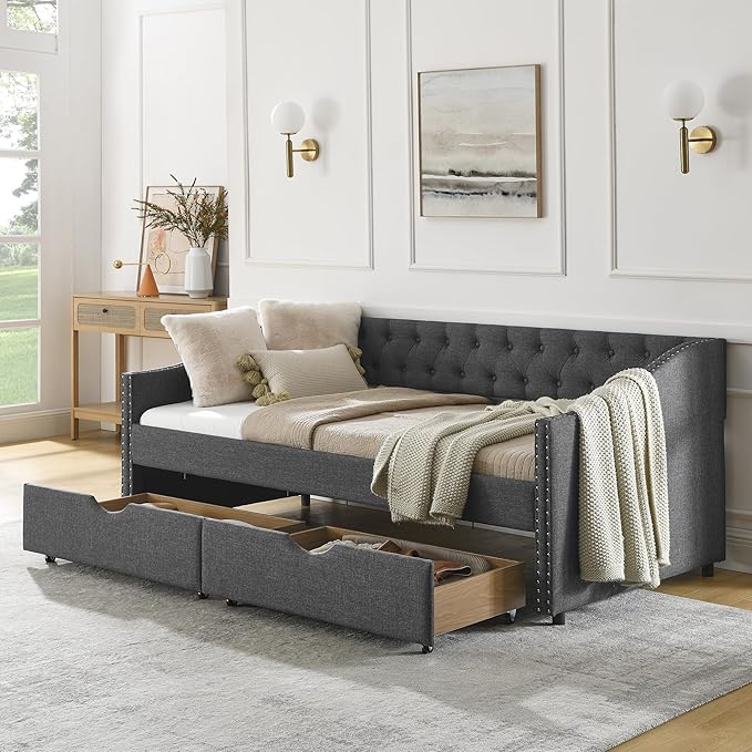 Twin Size Daybed with Two Storage Drawers, Linen Upholstered Tufted Sofa Bed w/Button on Back and Copper Nail on Waved Shape Arms, for Bedroom Living Room, No Box Spring Needed, Dark Grey - LeafyLoom