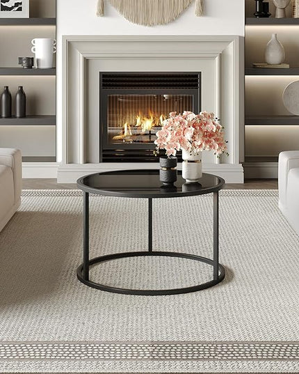 SAYGOER Black Glass Coffee Table Small Round Coffee Tables 27.6In Modern Tempered Glass-Top Accent Center Table for Living Room Home Office Small Space Easy Assembly - LeafyLoom