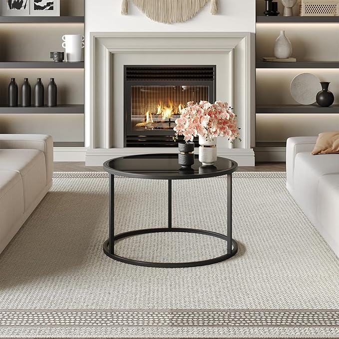 SAYGOER Black Glass Coffee Table Small Round Coffee Tables 27.6In Modern Tempered Glass-Top Accent Center Table for Living Room Home Office Small Space Easy Assembly - LeafyLoom