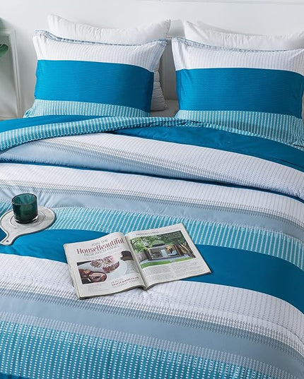 Andency Stripe Comforter Set Queen Size (90x90 Inch), 3 Pieces Teal Patchwork Striped Comforter, Soft Microfiber Down Alternative Comforter Bedding Set with Corner Loops - LeafyLoom