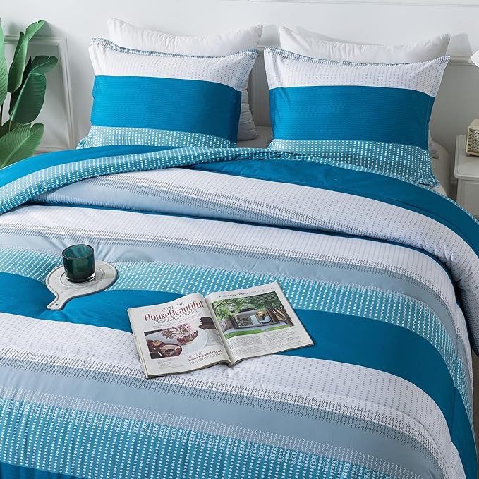 Andency Stripe Comforter Set Queen Size (90x90 Inch), 3 Pieces Teal Patchwork Striped Comforter, Soft Microfiber Down Alternative Comforter Bedding Set with Corner Loops - LeafyLoom