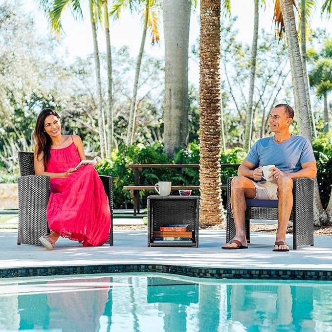 Nestl Wicker Outdoor Furniture Set - 3 Piece Patio Bistro Set (Grey/Navy) - LeafyLoom