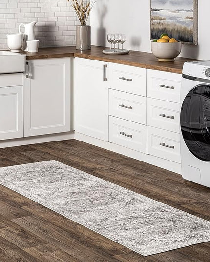 nuLOOM 2x6 Machine Washable Rain Haven Vintage Medallion Area Rug, Grey, Traditional Faded Design, Non-Slip Backing, Stain Resistant, For Bedroom, Dining Room, Living Room, Kitchen - LeafyLoom