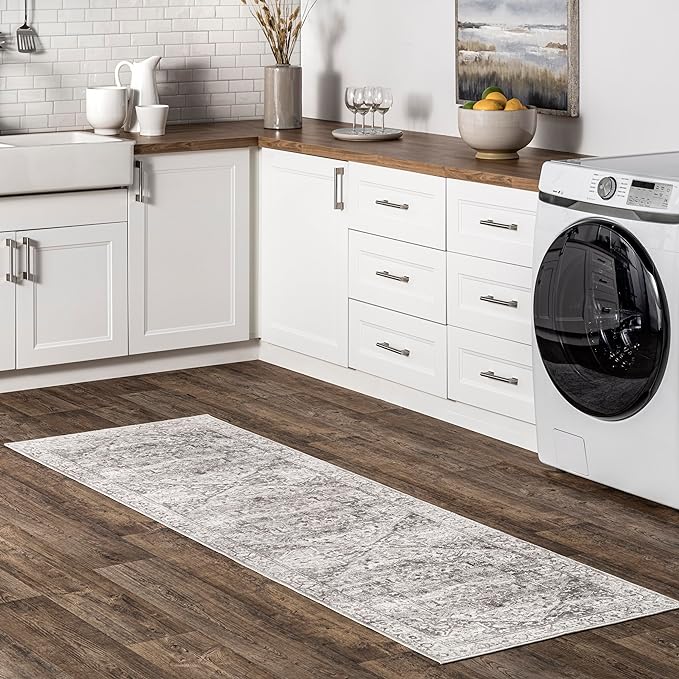 nuLOOM 2x6 Machine Washable Rain Haven Vintage Medallion Area Rug, Grey, Traditional Faded Design, Non-Slip Backing, Stain Resistant, For Bedroom, Dining Room, Living Room, Kitchen - LeafyLoom