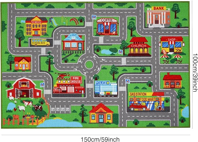 Kids Carpet Playmat Rug 59"x39.4", Car Rug for Kids Cars, Non-Slip Town City Road Map Kids Rug for Playroom Bedroom Boys, Kids Car Mat Road Rug, Track Rug Car Play Rug for Kids (59X39.4 INCH) - LeafyLoom