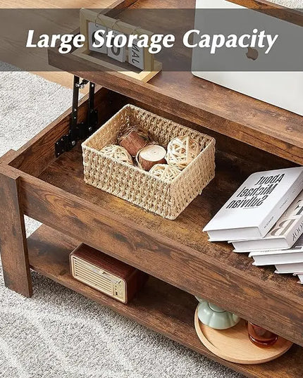 VECELO Lift Top Coffee Table with Storage Shelf and Hidden Compartment for Living Room/Office Reception, Black, Rustic Brown - LeafyLoom