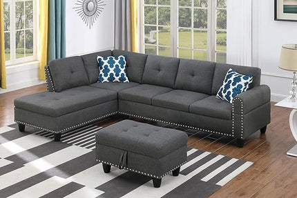 98" L-Shaped Sectional Couch with Storage Ottoman and Left Facing Chaise,Linen Upholstered Sofa with 2 Cup Holders and 2 Throw Pillows for Living Room,Dark Grey - LeafyLoom