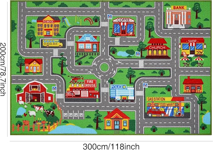 Kids Carpet Playmat Rug 118"x78.7", Car Rug for Kids Cars, Non-Slip Town City Road Map Kids Rug for Playroom Bedroom Boys, Kids Car Mat Road Rug, Track Rug Car Play Rug for Kids (118X78.7 INCH) - LeafyLoom