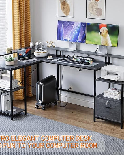 IDEALHOUSE L Shaped Desk - 76" Reversible L Shaped Computer Desk with File Drawer, Office Desk with Power Outlet, L Shaped Gaming Desk with Monitor Shelf, Corner Desk for Home Office, Grey Oak - LeafyLoom