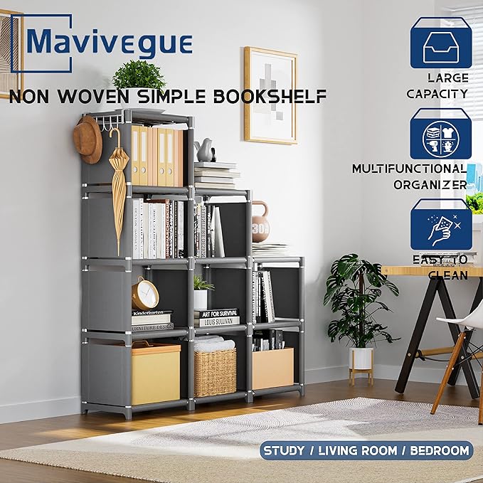 Mavivegue Book Shelf, 12 Cube Storage Organizer, DIY Bookcase, Metal Cube Bookshelf,Tall Book case for Bedroom, Living Room,Office,Closet Storage Organizer, Grey Cubicle Storage Rack - LeafyLoom