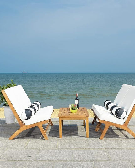 Safavieh PAT7044C Outdoor Collection Chaston Natural and Beige 4-Piece Black & White Pillows Patio Set - LeafyLoom