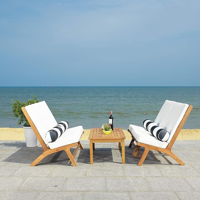 Safavieh PAT7044C Outdoor Collection Chaston Natural and Beige 4-Piece Black & White Pillows Patio Set - LeafyLoom